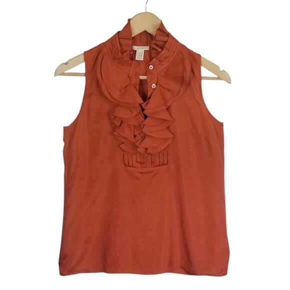 J. Crew Women's Frances 100% Silk Sleeveless Ruffle Neck Blouse Rust Copper Sz 0 - Picture 1 of 3